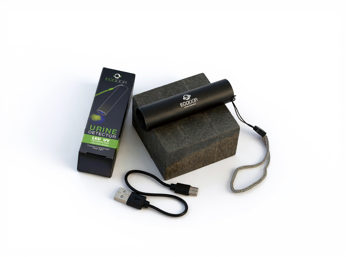 Ecodor EcoLight oplaadbare UV‑urinedetector opgesteld op tafel