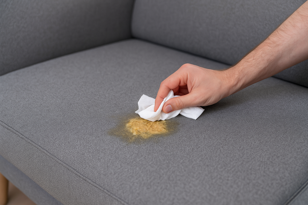 Mano que absorbe vómito en un sofá de tela gris con un paño.