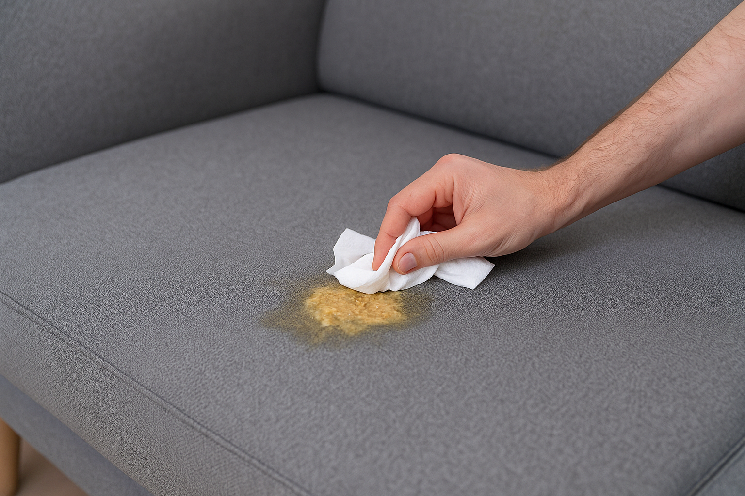 Mano que absorbe vómito en un sofá de tela gris con un paño.